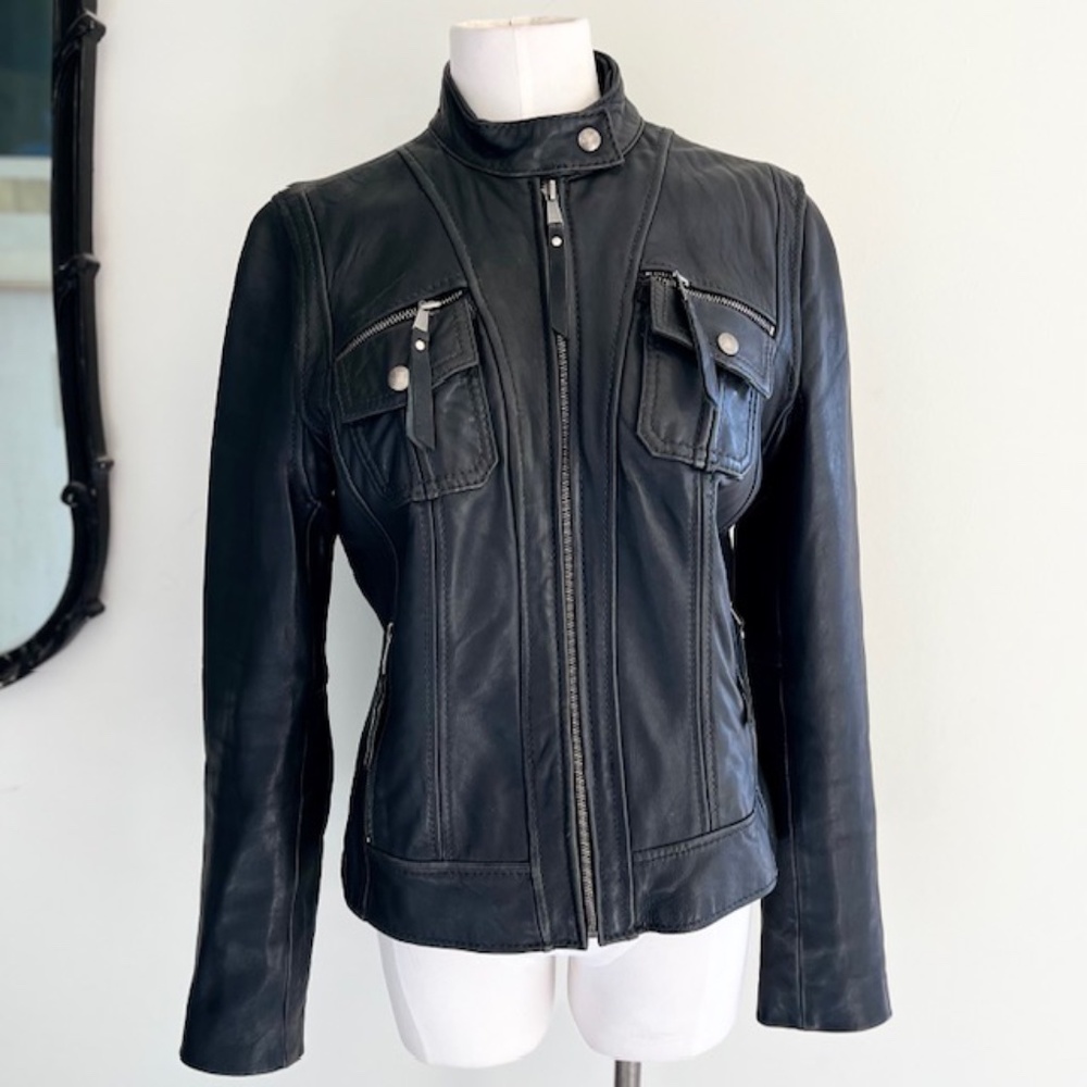 Barneys New York CO-OP Black Leather Moto Jacket Size M